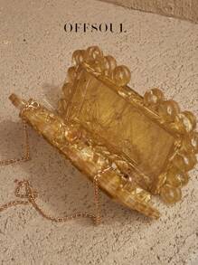 Vintage Acrylic Circle Golden Handbag Hard Case Small Square Bag Versatile New Marble Pattern Evening Party Clutch, High Gold Color, European & American Style, Shoulder/Crossbody Bag For Women - Gold - View 8