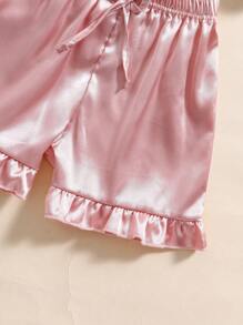 2pcs Solid Color Short Sleeve Pajamas Set For Toddler/Little Girls, Summer - Dusty Pink - View 8