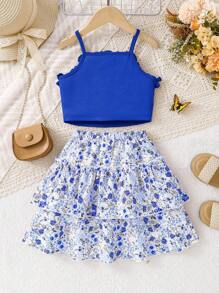 Set de 2 piezas de conjunto de moda de verano para niñas: Camiseta de punto de unicolor + Falda elástica de cintura con lazo y estampado floral diminuto, ropa informal suave y transpirable para exteriores, reuniones y ocio - Azul - Ver 2