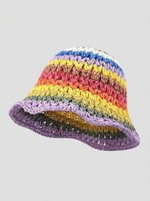 1pc Women's Colorful Rainbow Striped Foldable Bucket Hat, Casual Polyester Breathable UV Protection Summer