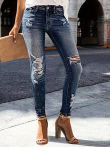Women's Pocket Detail Distressed Skinny Casual Versatile Jeans