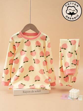 2 件/套 18M-6Y 女童 100% 纯棉睡衣套装，桃色印花长袖上衣和裤子，适合家居服和休闲装，春秋季