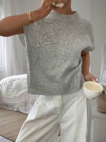 Slouchy Loose Fit Knit Vest Sleeveless Casual Elegant Spring Summer Versatile Daily Basic Tops Back To School Fall Women Clothes Autumn Modest Vintage Old Money Style (Flower Position Is Random) - Grey - View 3