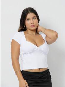 Short Sleeve V-Neck Blouse Polyamide Summer Fashion Aesthetic Coquette - White - View 1