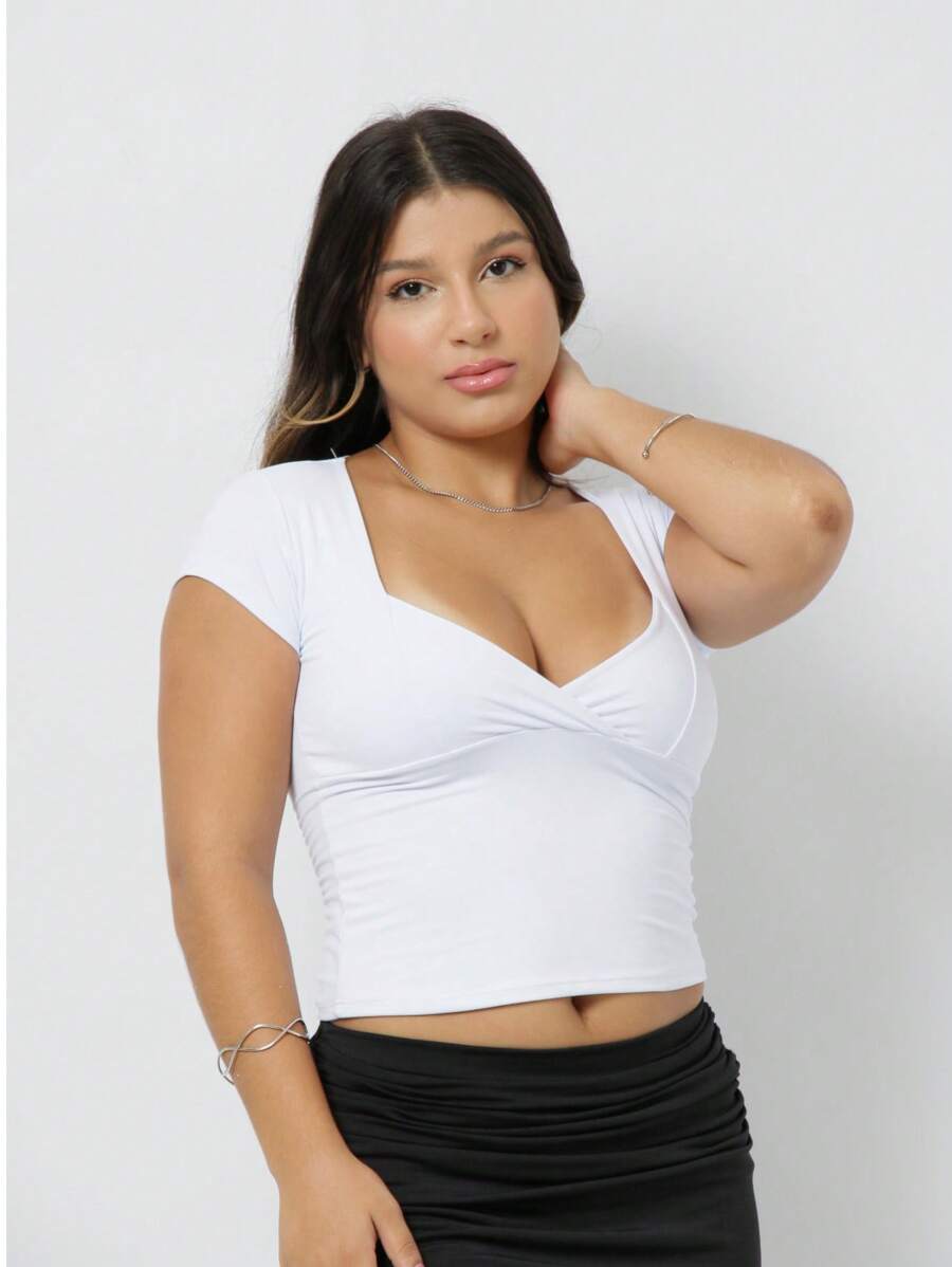 Short Sleeve V-Neck Blouse Polyamide Summer Fashion Aesthetic Coquette - White - View 1