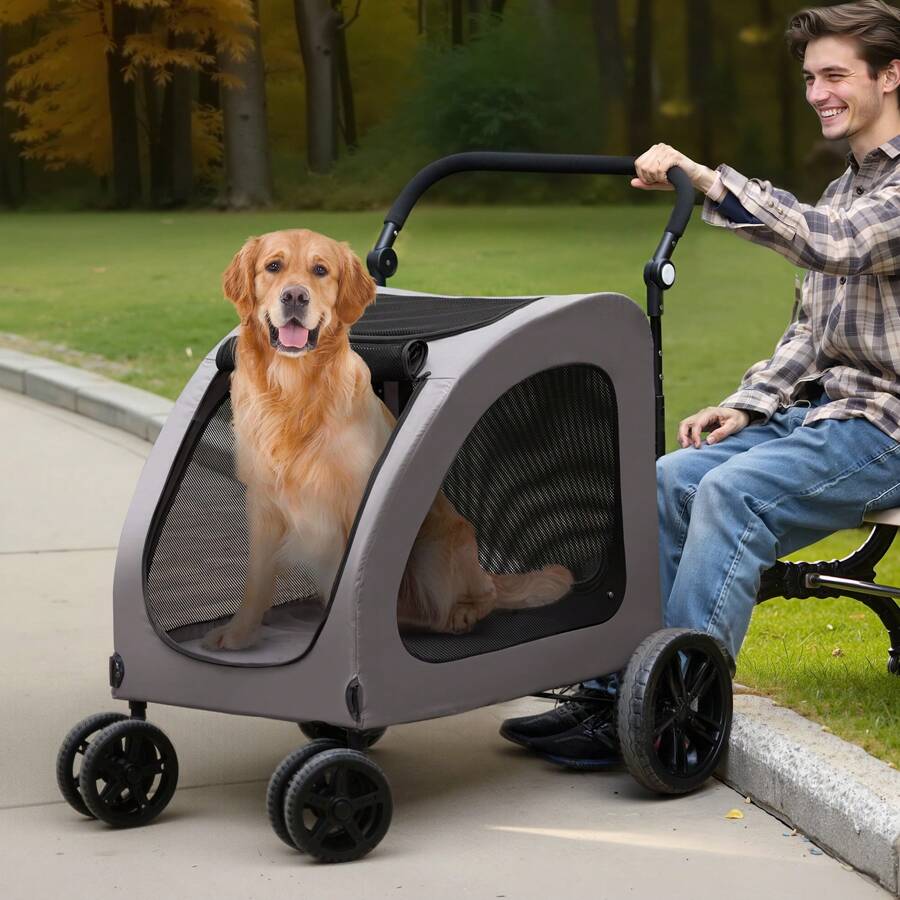 Pet Stroller, 4 Wheels Dog Stroller With Brakes, 160lbs Weight Capacity, Portable Puppy Stroller Carrier With Breathable Mesh Windows & Height-Adjustable Height, Animal Stroller For Cats & Dogs