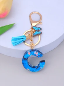 1pc Women's Initial Letter Black Butterfly Glitter Crystal Resin Epoxy Keychain With Butterfly Tassel Decor