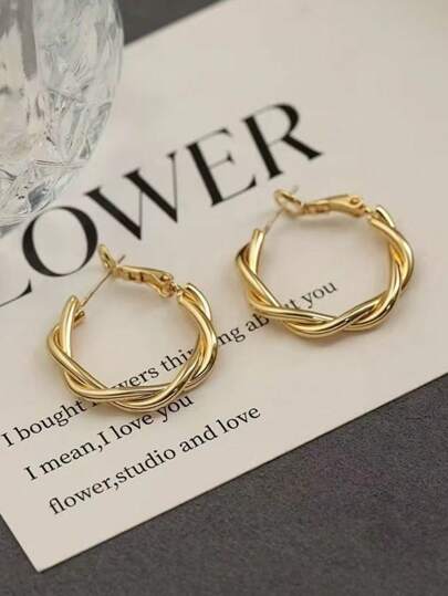 1 Pair Classic European & American Braided Hoop Earrings, Fashion Vintage Minimalist High-End Small Unique Earring Accessories, Elegant Design
