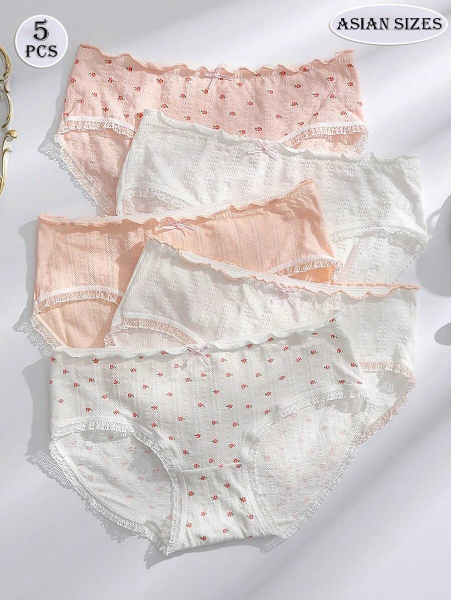 5pcs/Pack Women's Fresh & Sweet Bow Decor Cute Panties, Suitable For Girls & Students - Multicolor - View 1