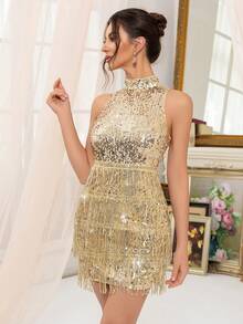 CHOSMO CHOSMO Women New Summer Sequins Light Gold Wedding Dress, Gorgeous Elegant Backless Slim High Waist Prom Short Dresses, Party Dress, Wedding Guest Dress, Formal Dress, Evening Dress