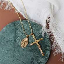 1pc Stainless Steel Virgin Mary Cross & Golden Coin Pendant Necklace, Minimalist Style Design, 18k Gold - Gold - View 2