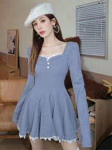 Solid Lace Patchwork Pleated Knitted Dress For Women's Spring Autumn Long Sleeved Slim Clothes Sweet Big Swing Concert Festival Dresses - View 1