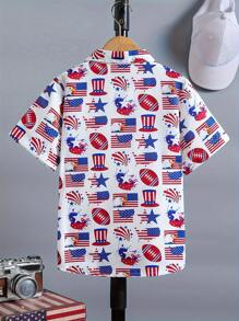 1pc Boys Casual US Flag Random Pattern Printed Short Sleeve Collared Shirt, Suitable For Independence Day - White - View 2