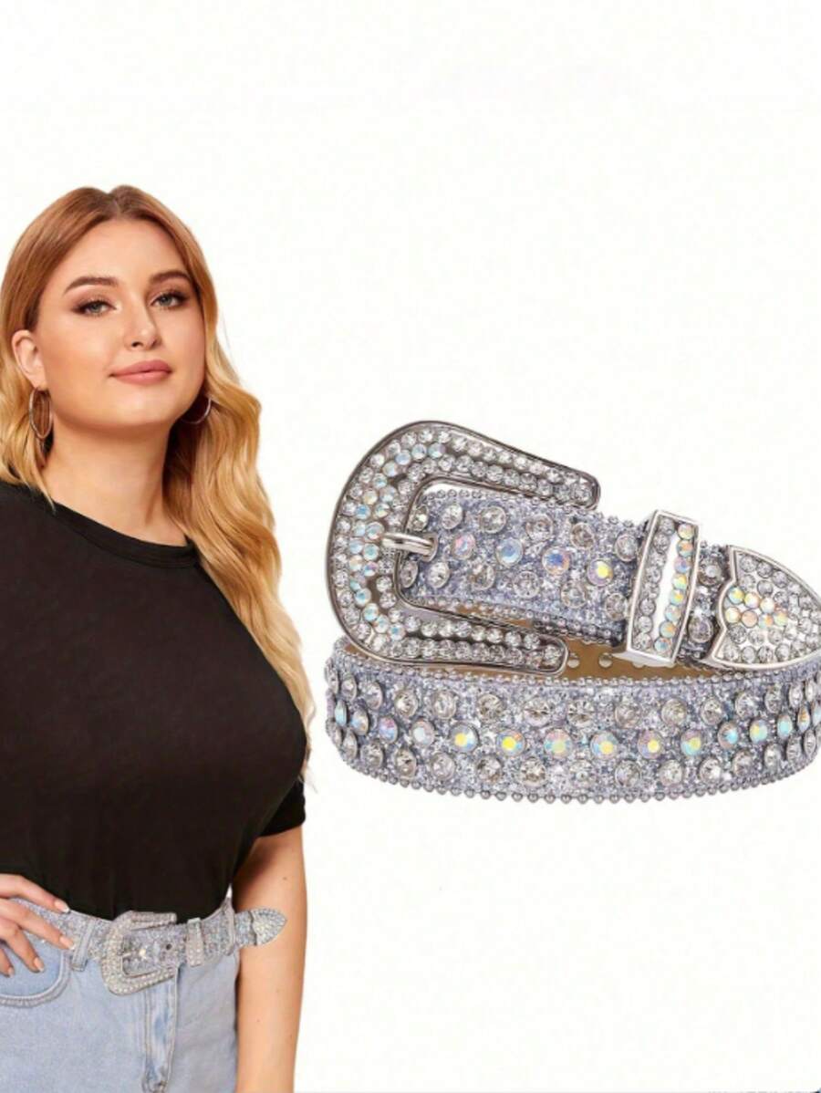 1 件适合大码女士和男士的闪亮水钻腰带 - 非常适合西部女牛仔和牛仔装、连衣裙和牛仔裤 - 銀色 - 查看 1