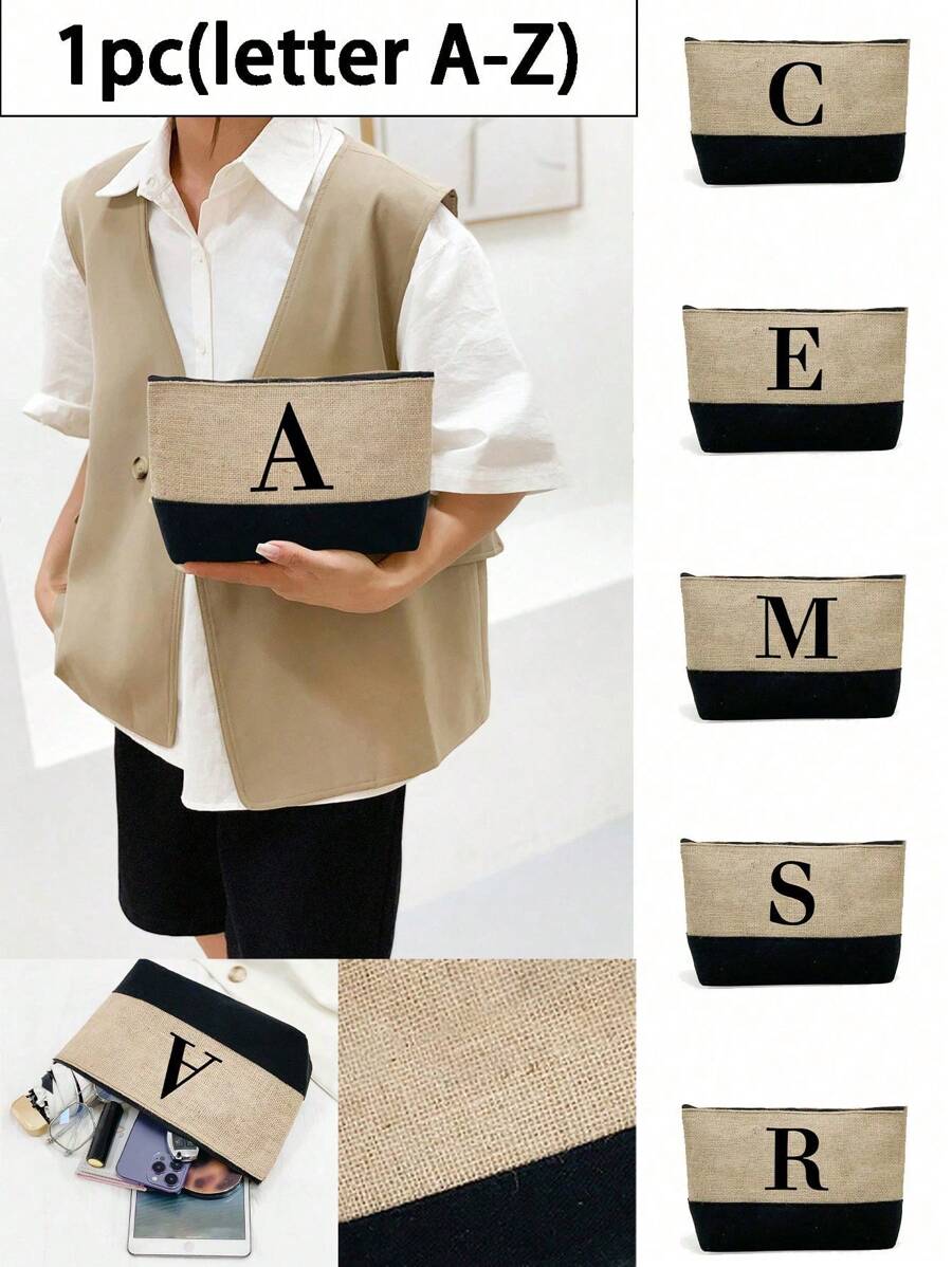 1pc Initials Printed Patchwork Women's Handbag, Makeup Bag, Teacher's Day Gift, Reusable Handbag, Women's Simple And Large Capacity Travel Makeup Bag, Multi-Functional Portable Women's Gift, Portable Leisure Storage Bag