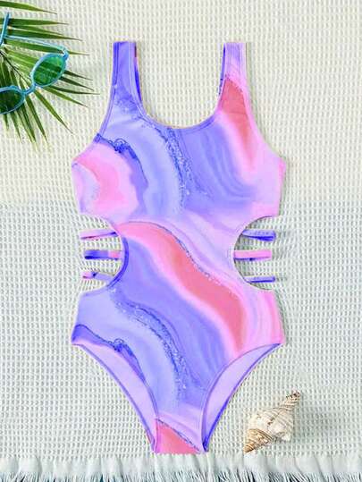 1pc Fashion Children Tie-Dye Pattern Cute One-Piece Swimsuit, Suitable For Girls Aged 8-12 For Swimming Pool Party