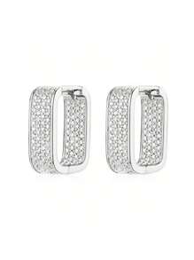 S925 奢华方形全水钻耳环，送给爱人、朋友、生日的礼物，适合派对和日常佩戴，女士高级珠宝 - 銀色 - 查看 3