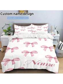 3pcs Customizable Name Creative Pink Bow Cherry Pattern Bedding Set, Soft And Comfortable, Stylish Home Decor, Holiday Decoration, Tear-Resistant Polyester, Includes 1 Duvet Cover And 2 Pillowcases, Machine Washable, All Season Duvet Cover Set, Ideal For Home And Guest Room, Great Gift For Pink Bow Lovers