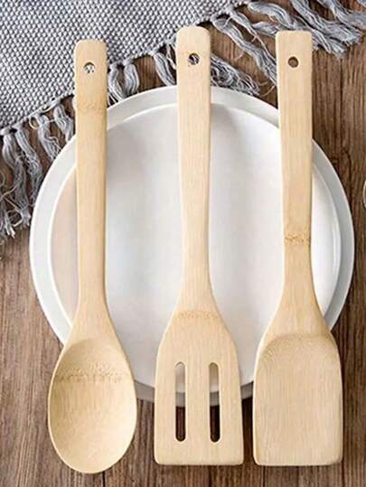 1/3PCS/Set Of Bamboo Kitchen Utensils, Including Non Stick Spatulas, Solid Spoons And Long Handled Wooden Cooking Tools, Durable Bamboo Kitchen Tools And Slotted Spoons, Natural Wooden Kitchen Utensils, Household Kitchen Items, Minimalism, Gifts For Mothers