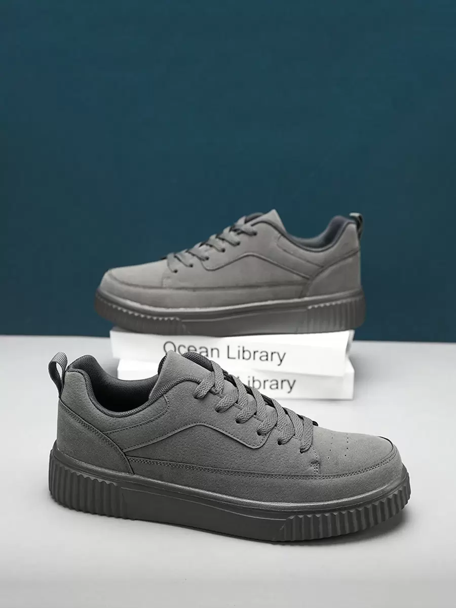 Men's Casual Sports Shoes, Comfortable Breathable Flat Casual Shoes, PU Material Fabric Lining, EVA Anti-Skid Sole, Solid Color Lace-Up Men's Casual Shoes, Suitable For Outdoor, Walking, Street Skateboarding - Grey - View 1