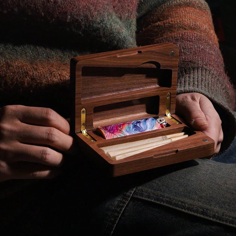 1 Stück handgefertigte Zigaretten-Aufbewahrungsbox aus Walnussholz, kompakte multifunktionale Aufbewahrungsbox geeignet für Bic-J6 Feuerzeuge, Konen, Zigaretten oder schmale Zigarren, tragbare Smartphone-große Raucher-Geschenkidee