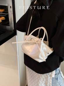 1 pieza Bolso de mano tipo cesta pequeño, nuevo diseño de lazo y forma de empanadilla para mujer primavera-verano, con cierre magnético y correa para el hombro larga, adecuado para niñas, damas, estudiantes universitarias y trabajadoras de oficina, excelente para el trabajo, los negocios, ir y venir del colegio