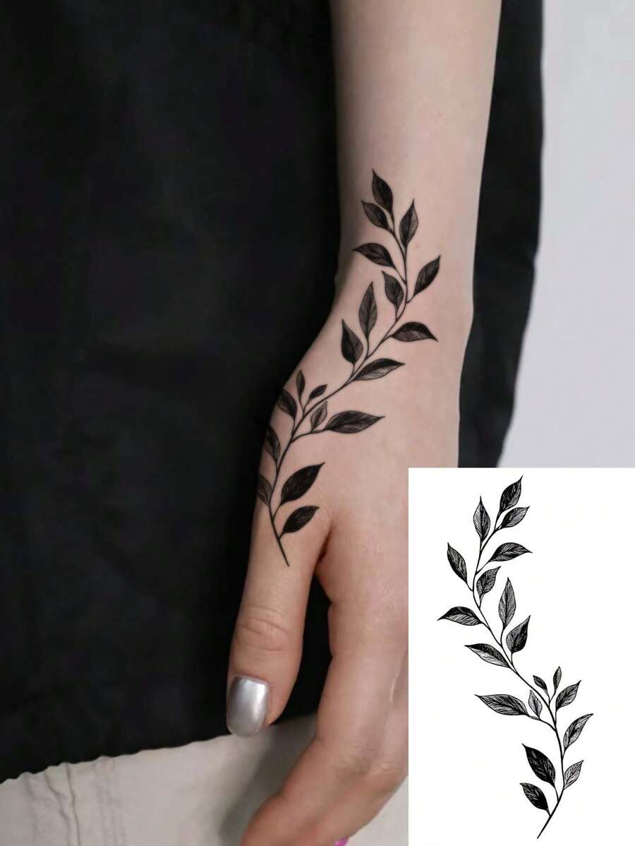 1pc Washable Temporary Vine Leaves Tattoo, Suitable For People, Green Leafy Lively Design,Sketch Style - Black - View 1