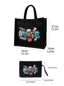 护士主题手提包，轻便购物袋，兼具便携旅行沙滩包和化妆包功能，配有听诊器、注射器图案印花设计，亚麻大容量手提包，手提包和化妆包套装