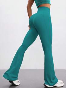 FWH 时尚休闲简约提臀蜜桃臀时尚优雅街头复古显瘦低调奢华拉长腿部线条经典简约高端显瘦高腰百搭喇叭裤新款欧式束腰健身阔腿瑜伽裤紧身裤 - 綠色 - 查看 4