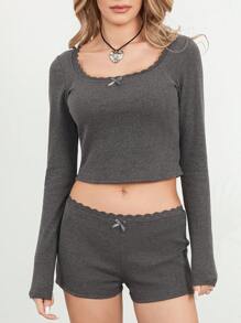 Womens Two Piece Pajamas Long Sleeve Lace Trim Crop Tops And Shorts Set Loungewear - Dark Grey - View 4