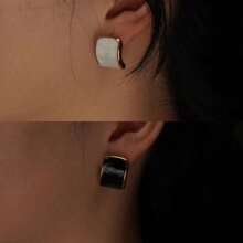 极简奢华钛钢18K金不褪色油滴方形耳环白色黑色珐琅几何通勤耳环个性夜店耳环百搭配饰适合各种服装派对 - 白色 - 查看 2