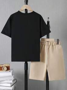 適合青少年男孩時尚日常短袖T恤和工裝口袋短褲套裝 - 卡其色 - 查看 2