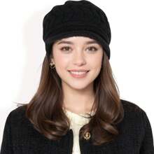 Gorra de boina de mujer de punto con patrón de cable trenzado y diseño de ala elegante - Negro - Ver 3