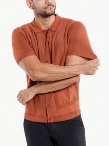 Men's Textured Short Sleeve Polo Sweater - Brick - View 3