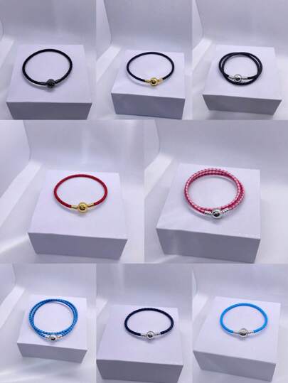1Pc Fashionable Multi-Colored Leather Cord Bracelet With A Closed Square Clasp, Made Of Hypoallergenic Leather Material And 925 Silverplated Clasp, For Diy Matching With Various Charm Beads, Perfect For Christmas, Valentine'S Day, And Other Holiday Gifts For Women'S Fashion Jewelry Bracelets