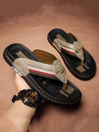 男士休闲鹰图案舒适平底凉鞋，百搭日常穿着