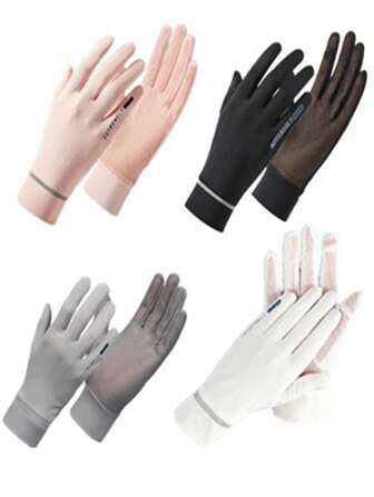 1 paire de gants solaires en soie glacée pour femmes, avec décoration imprimée sur le dessus de la main, tissu de paume en filet. L'index et le pouce de la main droite ont un rabat pour utiliser les écrans tactiles. Idéal pour les sports de plein air et les promenades casual.