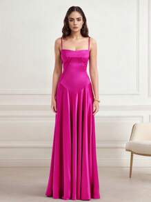 Vestido largo de tirantes finos y sin mangas de un solo color - Rosa Fucsia - Ver 1