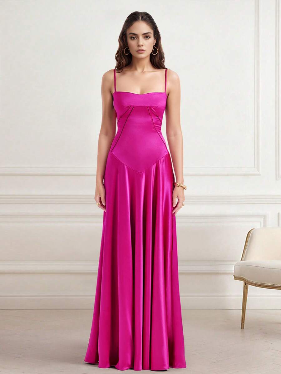 Vestido largo de tirantes finos y sin mangas de un solo color - Rosa Fucsia - Ver 1