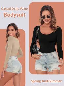 2pcs Women's Long Sleeve Shapewear Bodysuit, Tummy Control, Seamless, Casual Daily Wear - Multicolor - View 5