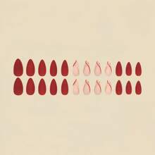 24 piezas de uñas postizas con forma de almendra mate en estilo elegante con rayas doradas y rojas para mujeres y niñas