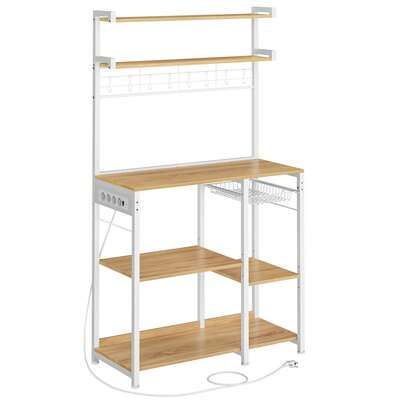 VASAGLE Scaffale Cucina con Prese di Corrente, Scaffale per Microonde, 4 Prese AC, Ripiani Regolabili, 8 Ganci a S, Mobile Cucina, Portaspezie, Rovere Dorato e Bianco Nuvola