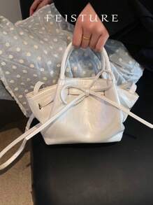 1 pieza Bolso de mano tipo cesta pequeño, nuevo diseño de lazo y forma de empanadilla para mujer primavera-verano, con cierre magnético y correa para el hombro larga, adecuado para niñas, damas, estudiantes universitarias y trabajadoras de oficina, excelente para el trabajo, los negocios, ir y venir del colegio