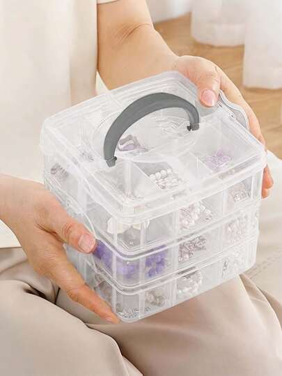 2pcs/1pc 3-Tier 18-Compartment Clear Plastic Organizer - Adjustable, Stackable Storage Box With Snap-Lock For Toys, Jewelry & Office Supplies