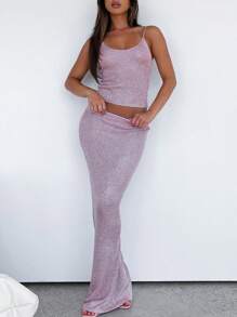Women 2-Piece Bright Silk Skirt Set Spaghetti Strap Scoop Neck Cami Long Skirt Bodycon Outfit - Pink - View 5