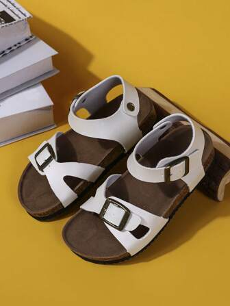 صندل أطفال من الفلين الناعم بحزام مسطح، صندل كاجوال كوري الطراز للخارج، أنيق وشخصي