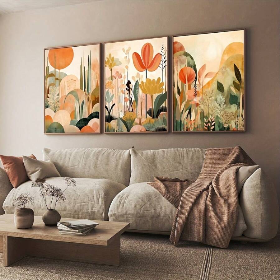 3 Pieces Set Art Deco Modern Tropical Jungle Canvas Wall Art Prints, Abstract Botanical Bohemian Landscape Posters For Home Office Decor, Optional Frame Indoor Portrait Wall Hangings, Wall Art With Frame - Multicolor - View 1