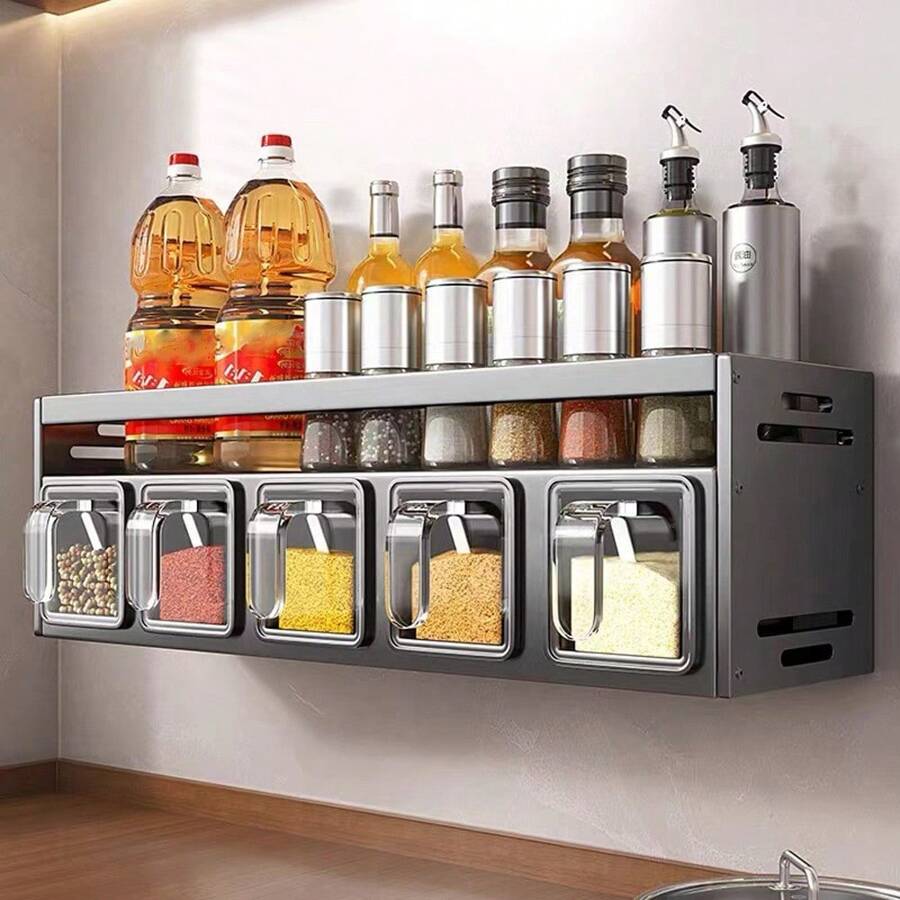 1pc Wall-Mounted Spice Rack Organizer - Rust Resistant, No Drill Installation, Includes Spice Box And Jar, Ideal For Kitchen Storage, Spice Jars - 灰色 - 查看 1