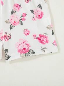 Conjunto de 3 piezas para niñas jóvenes: Camisola y shorts con estampado de flores en color liso acanalado - Rosa Fucsia - Ver 6