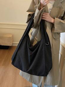 华夫格子图案大容量休闲风格女士单肩包，休闲学院风单肩斜挎包 - 黑色 - 查看 8